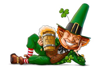 Cheerful leprechaun character reclining with a wooden beer mug for St. Patrick's Day celebration