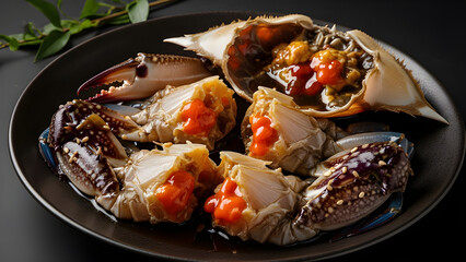 Korean ganjang gejang marinated crab with glossy texture and bold presentation, authentic and visually striking cuisine. Isolated on White background