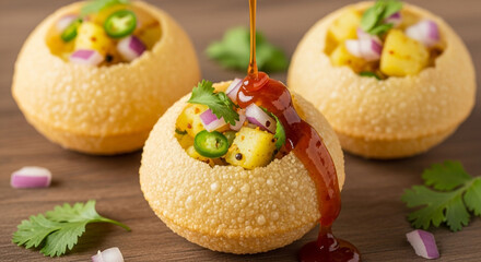 Delicious Gol Gappa or Pani Puri being filled with spicy chutney, a popular Indian street food appetizer served on a wooden surface with fresh cilantro garnish.