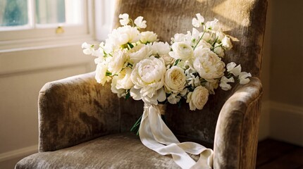 Ornate floral arrangement featuring creamy white blooms sits upon a plush textured antique upholstered seat.