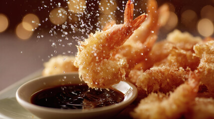 Crispy Golden Shrimp Tempura Dipping into Soy Sauce Macro