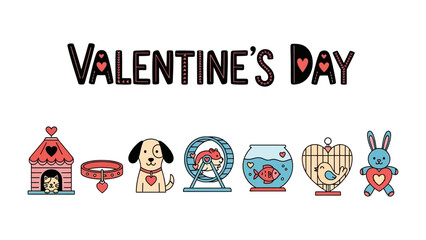 Valentine's Day with Cute Pets: Celebrate love and affection with adorable animal companions, including a dog, cat, rabbit, bird, and fish, perfect for expressing heartfelt sentiments.
