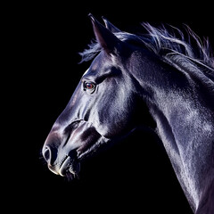 Close-up action shot of a black American Saddlebred horse, with its mane and tail whipping in motion. The horse&rsquo;s eyes are alert, ears forward, and legs elevated in the breed&rsquo;s signature gait. Photogr