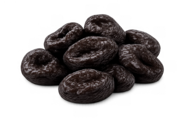 Dried prunes pile on transparent background, a healthy and natural fruit snack with sweet and fiber rich qualities