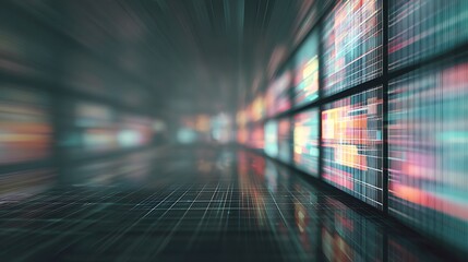 A perspective of multiple digital screens, abstracting data in a futuristic and technological setting