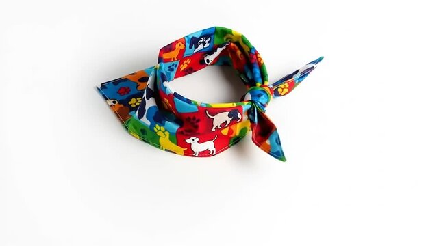 A vibrant dog bandana with a colorful pattern of dogs and paw prints on display.
