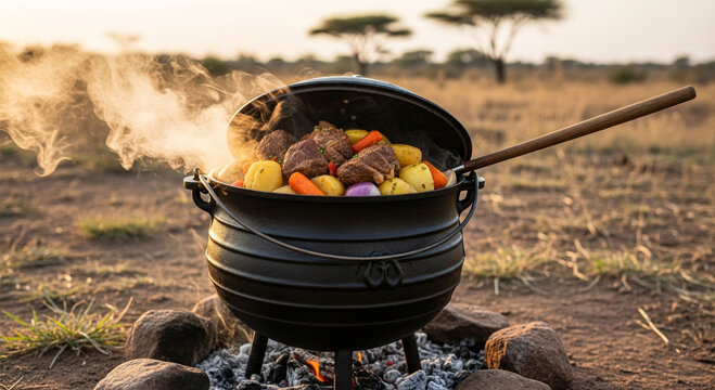 Traditional South African Potjie (Cast Iron Pot) Cooking Meat and Vegetables Over Open Campfire in the Bushveld at Sunset