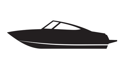 Side view of a black speedboat silhouette with a sleek hull and cabin windows, minimalist vector illustration on white background, transport image