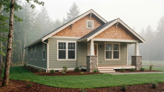 Newly constructed Craftsman style home with green siding and cedar shingles sits on a manicured lawn surrounded by misty evergreen forest.