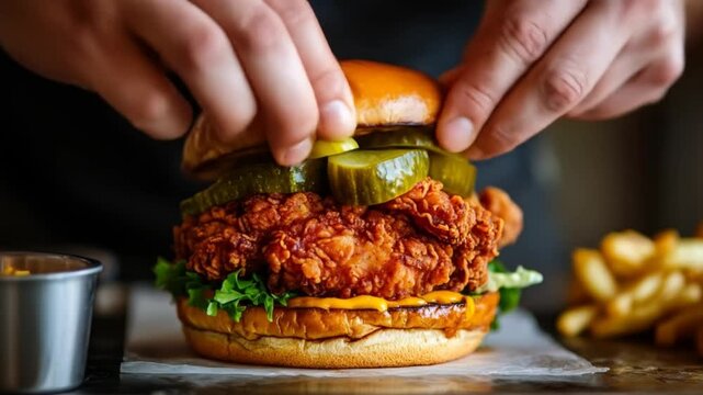 Delicious fried chicken sandwich with pickles and fries preparation
