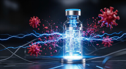 3D Virus Model in Glass Bottle with Electric Charge and Coronavirus Particles on Dark Background