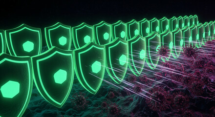 Neon glowing shield icons in futuristic digital cybersecurity protection row with green light effects