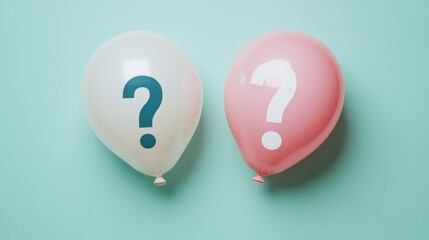 Balloons floating with blue and white question marks