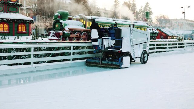 Ice resurfacer to clean and smooth the surface of a sheet of ice rink with a zamboni. An ice resurfacer lays down a layer of clean water, which will freeze.