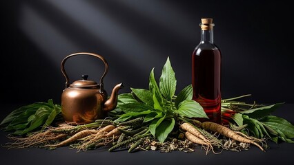 Copper Kettle and Herbal Oil Bottle.