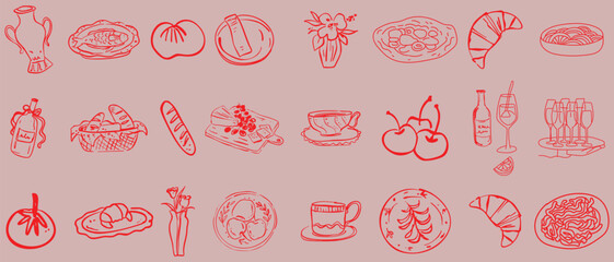2026/ food illustrations. Wedding or romantic dinner icons. Summer Italian picnic. Champagne, cheese, dessert drawings for wedding invitations, cafe, parties.