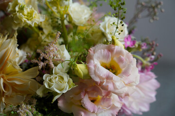 Lisianthus and roses in pastel bouquet close-up