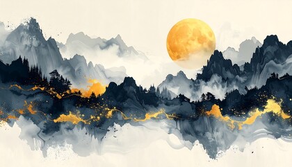 Watercolor Painting of Mountains and Lake.