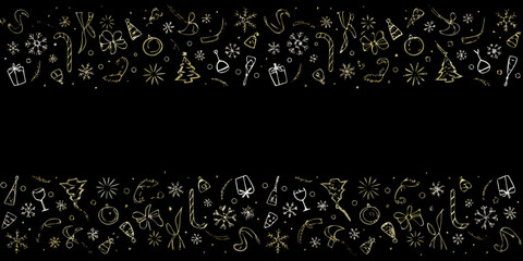 Festive golden christmas ornaments and decorations on a dark black background