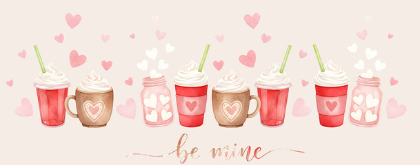Horizontal border with Valentine's Day coffee cups and jars filled with white hearts