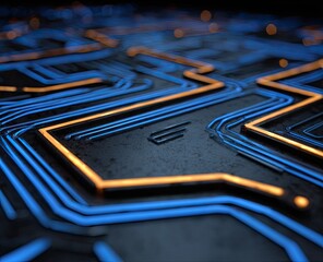 Abstract circuit board design with glowing lines on a dark background