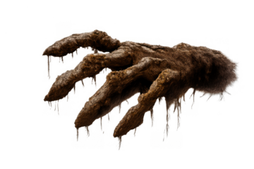 Creepy mud-covered zombie hand reaching from ground, undead monster rising, horror concept, transparent background
