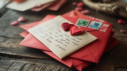 A still life of a love letter atop red envelopes, adorned with stamps and decorative hearts, on a rustic wooden surface