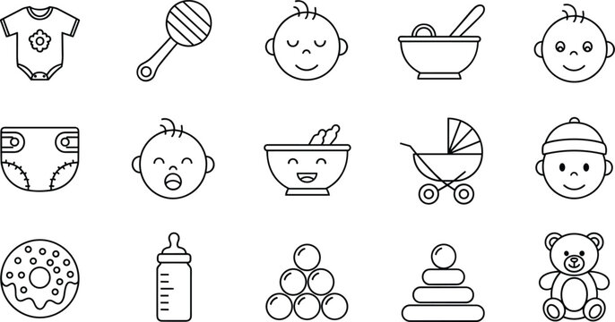 Baby care icons, baby face, diaper, bottle, stroller, toy, food, crying baby, teddy bear, rattle, beanie, black line vector