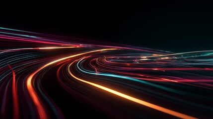 Abstract digital art of light trails curving across a dark, black background with vibrant colors