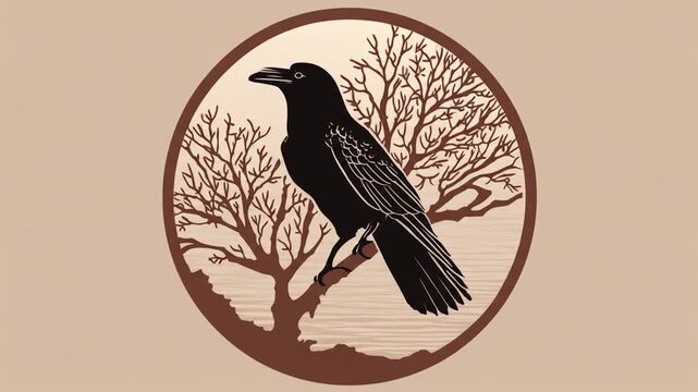 Black raven silhouette in a circular frame with bare tree branches