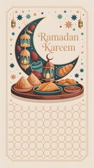 3D rendered Ramadan Kareem mobile wallpaper with crescent moon and traditional food