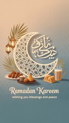 Luxurious 3D Arabic calligraphy with moon and lantern for Ramadan Kareem greeting