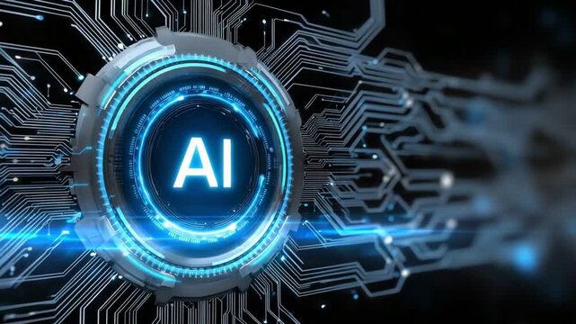 An intricate circuit board design featuring the letters AI at the center, symbolizing the advancement of artificial intelligence and its integration into modern technology.