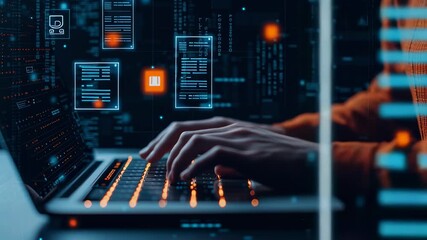 A person typing on a laptop with digital graphics in the background. - Powered by Adobe