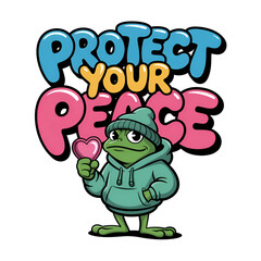 Obraz premium Protect your peace cartoon frog in hoodie holding heart vector illustration