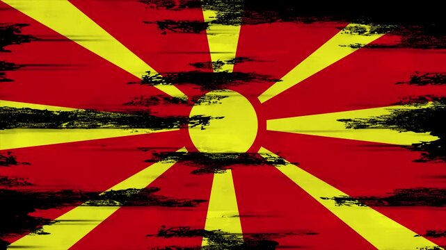 Appearing Flag of North Macedonia with Grunge Glitched Effects for North Macedonia National Identity