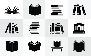 Academic Library Icon Set Featuring Open Books Fanned Pages and Building Symbols