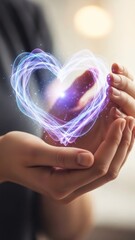 Fototapeta premium Woman holding a glowing heart shape made of light in her hands. Concept of love, care, health, healing for Valentines Day.