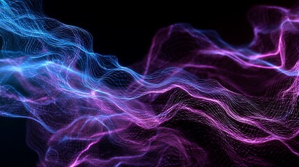 Abstract digital illustration featuring flowing wave-like forms in vibrant blue and purple