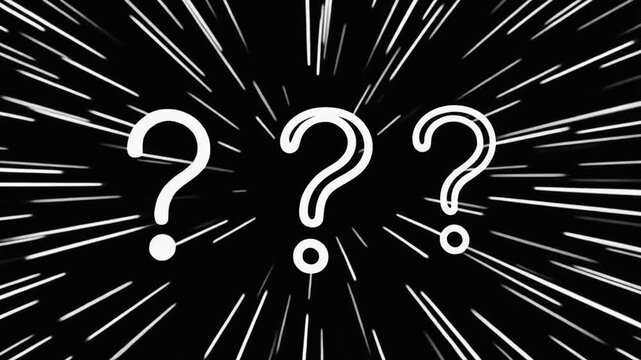 Animated three white question marks, black backdrop, mp4 video. AI
