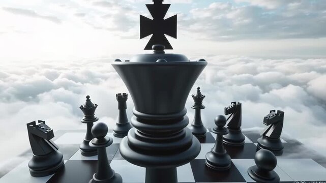 A black chess set on a cloud-covered board against a bright sky.