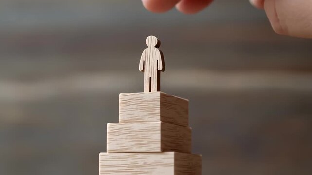 Wooden figures climbing a staircase symbolizing progress and achievement.