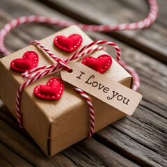 "Kraft Gift Box with I Love You Tag and Red Felt Hearts on Rustic Wood &mdash; Handmade Valentine Present Packaging"
