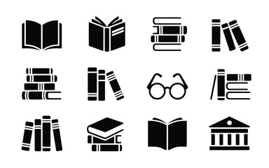Education and Research Icon Set with Open Books Reading Glasses and Library Building