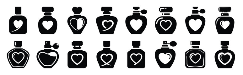 Collection of love perfume bottle silhouette valentine vector icon set. Clean romantic icons symbols isolated on a white background for Valentine&rsquo;s Day.