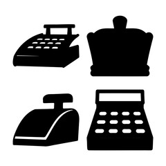 Black silhouette icons featuring cash registers, a calculator, and a regal crown on white.