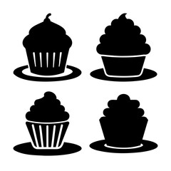 A collection of stylized black silhouette cupcake icons on white background