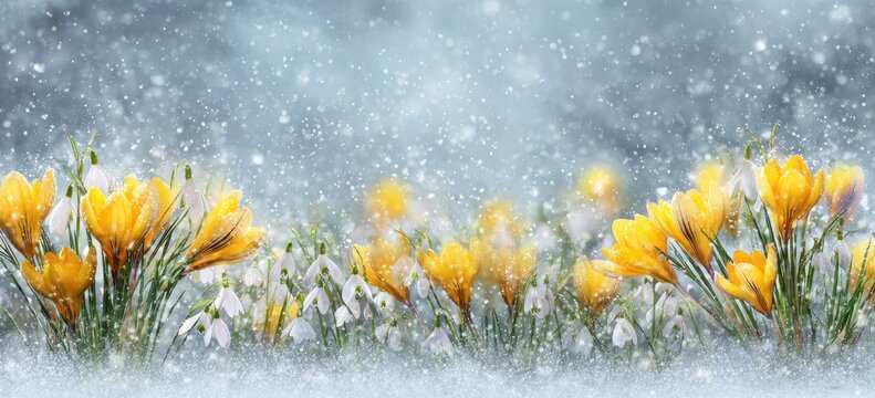 Yellow crocus flowers blooming in a snowy field illustration nature scene