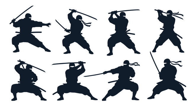 An action-packed set of eight black silhouettes of ninjas or samurai warriors in various dynamic fighting poses with katana swords.