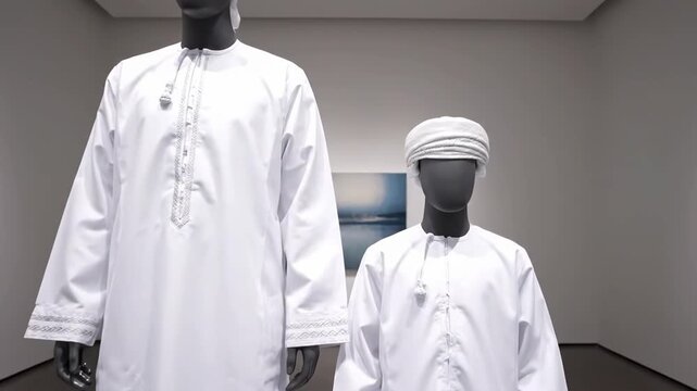 Two mannequins display traditional Omani attire in a modern gallery setting. The white garments highlight cultural heritage and elegant design.